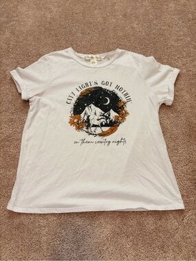 White Graphic Tee with Mountain & Horse Print - Casual Women’s Top